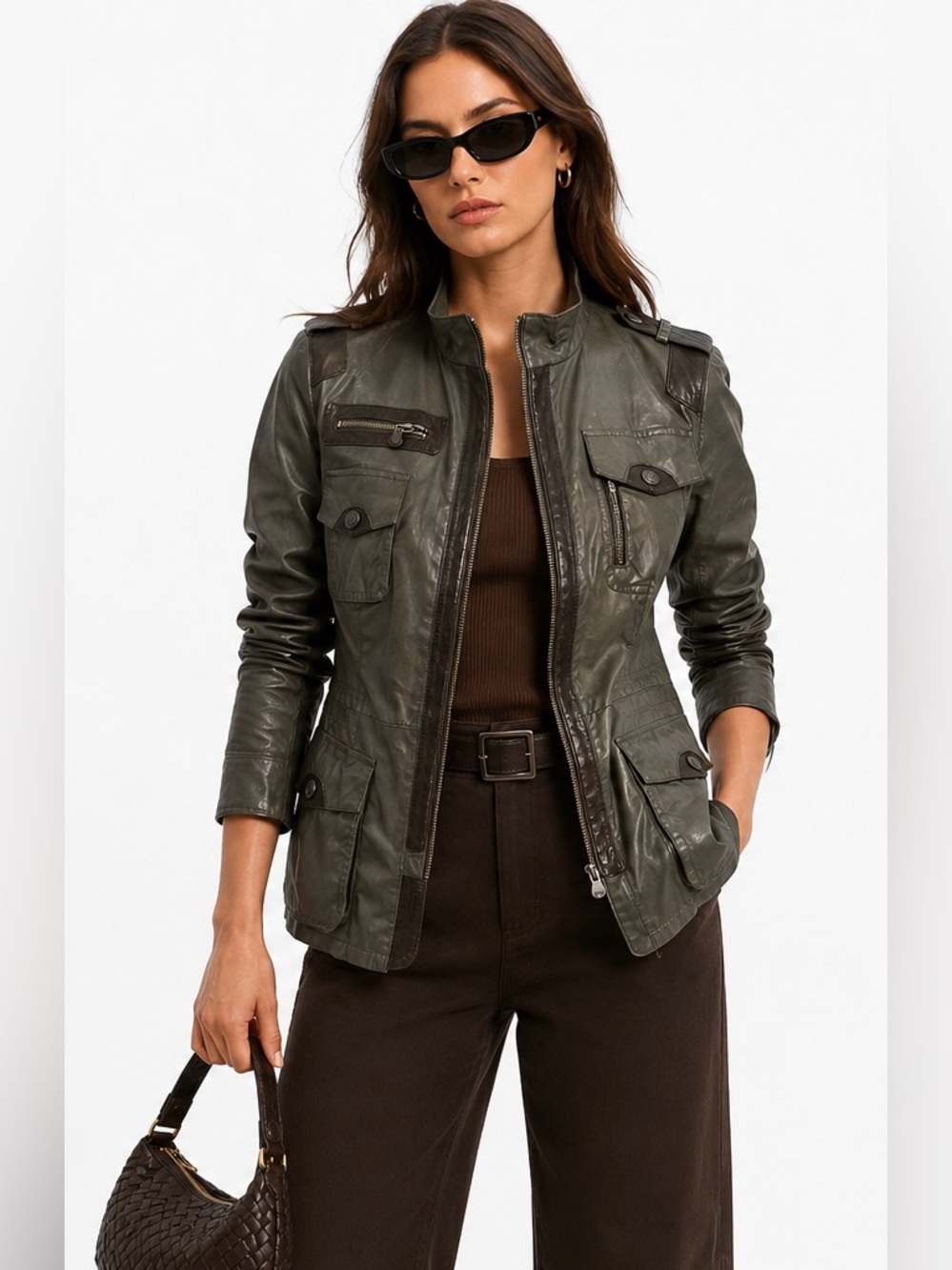 Vintage Vince Olive Green Leather Utility Jacket Military Style Zip Front